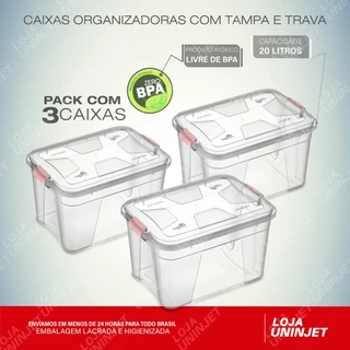 Kit Com 3 Caixas Organizadoras Transparente 20 Litros