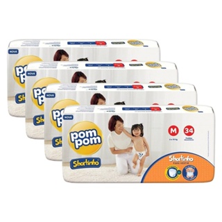 Fralda Descartável Pom Pom Shortinho Jumbo Tamanho M - 4 Pacotes com 34 Fraldas - Total 134 Tiras