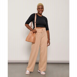 Calça Feminina Moletinho Wide Leg Bege