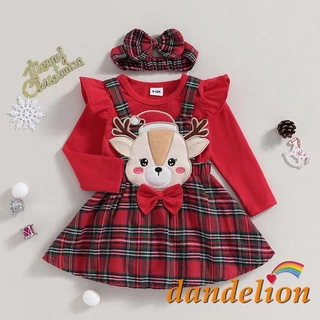 DDL-3Pcs Conjunto De Roupas De Natal Para Bebê Menina De Manga Longa Ruffled Romper + Saia De Alce De Linha A + Fita De Cabeça De Baixo