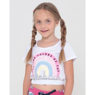 Blusa Infantil Cropped Paetê Estampa Arco - Íris Branca