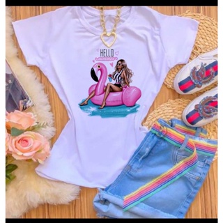 T-SHIRTS POLIÉSTER BRANCO HELLO SUMMER BOIA FLAMINGO