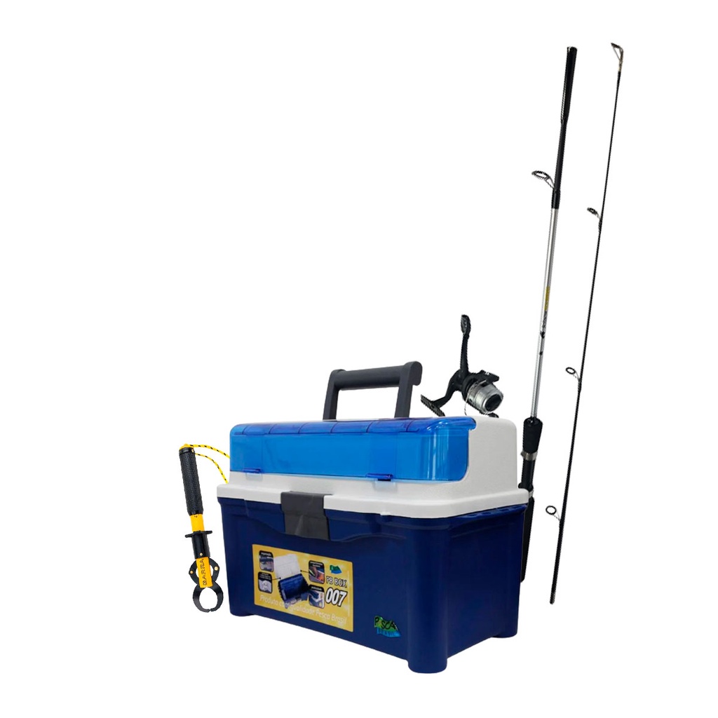 Kit Pesca Vara 1.5m + Molinete 142 + Maleta Azul Pesca Compartimentos Ajustáveis + Alicate Balança