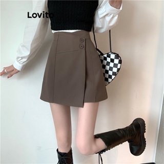 Lovito Shorts Assimétricos Lisos com Divisão Frontal para Mulheres LNE21296 (Marrom Chocolate)