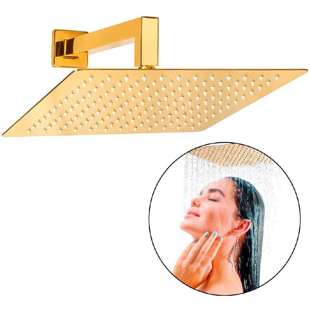 Ducha Chuveiro 30x30cm Inox Com Braço Slim Quadrada Externa Dourada