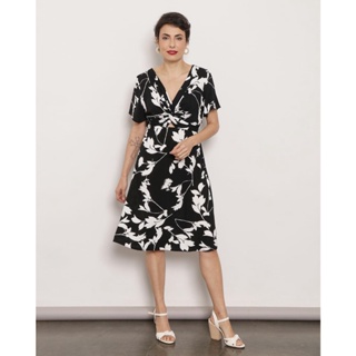 Vestido Feminino Manga Curta Transpassado Viscose Floral Preto