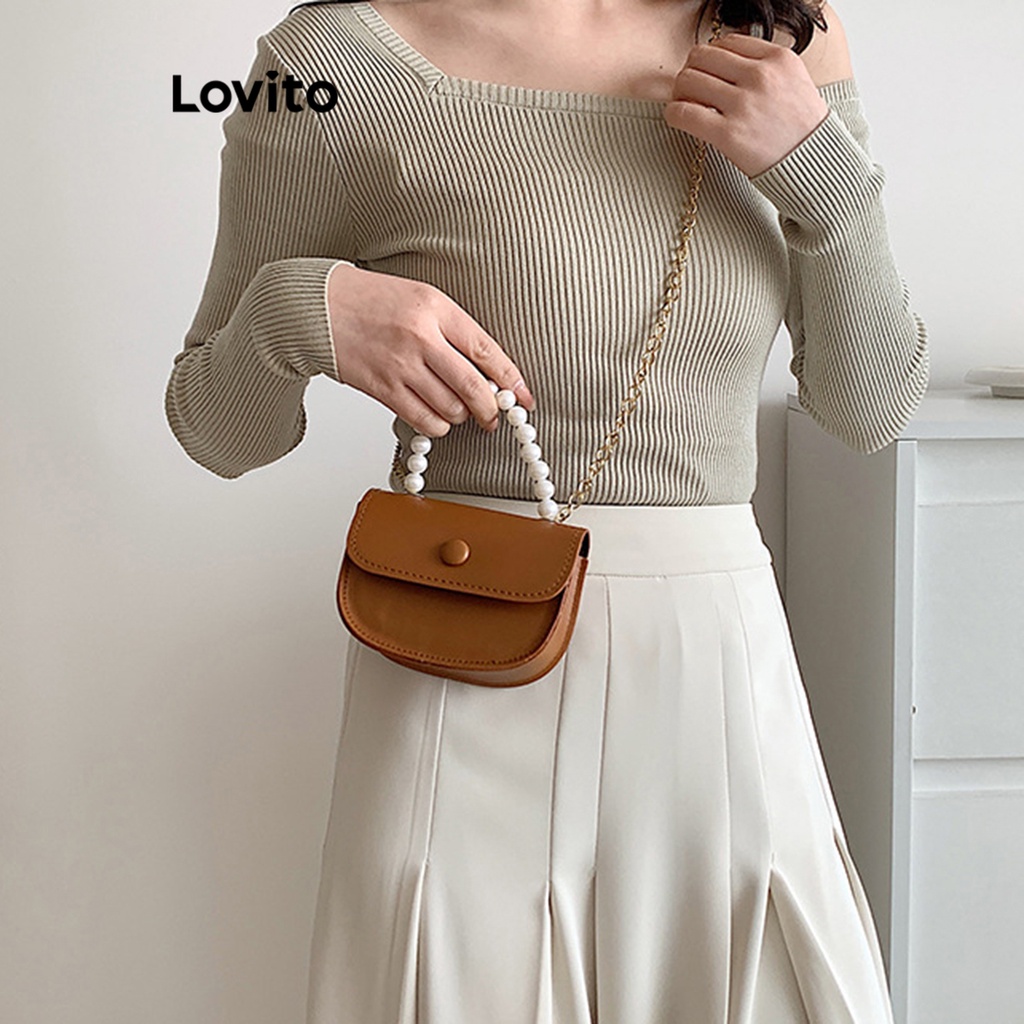 Lovito Bolsa De Ombro Pequena Básica Simples Casual Para Mulheres LNA32158 (Marrom/Branco/Preto)