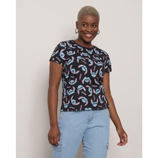 Camiseta Feminina Estampada Stitch Disney Manga Curta Preta
