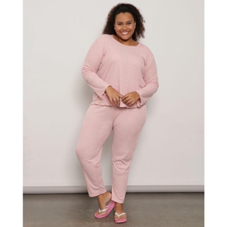 Pijama Feminino Plus Size Longo Canelado Rosa