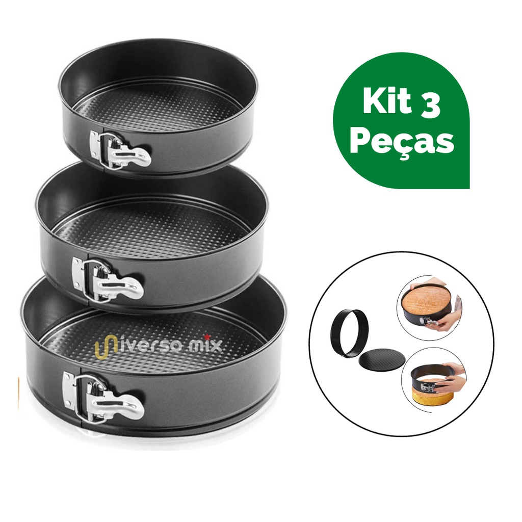 Kit 3 Formas Assadeira Para Bolos e Tortas Antiaderente c/ Fundo Removível