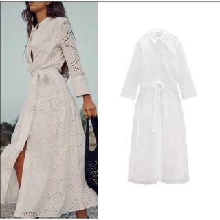 2025 Verão Novo Estilo Oco Bordado Cinto Vestido Branco 2895994