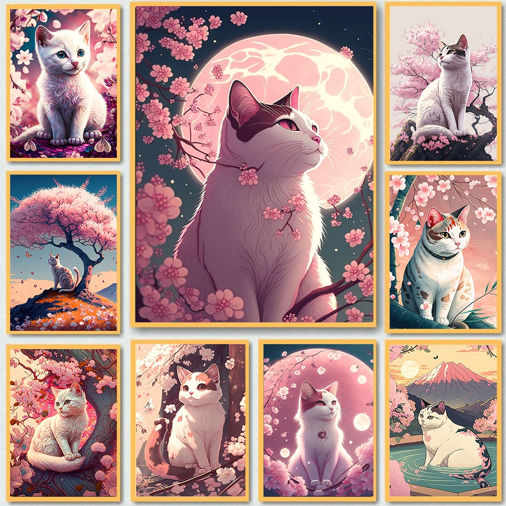 Quadro decorativo gato Colorido japonês Pop Art Cat Canvas Poster, Natureza Cherry Blossom, Paisagem, Estética, Home Wall, Decoração dos desenhos animados, Quarto, Café Imagem