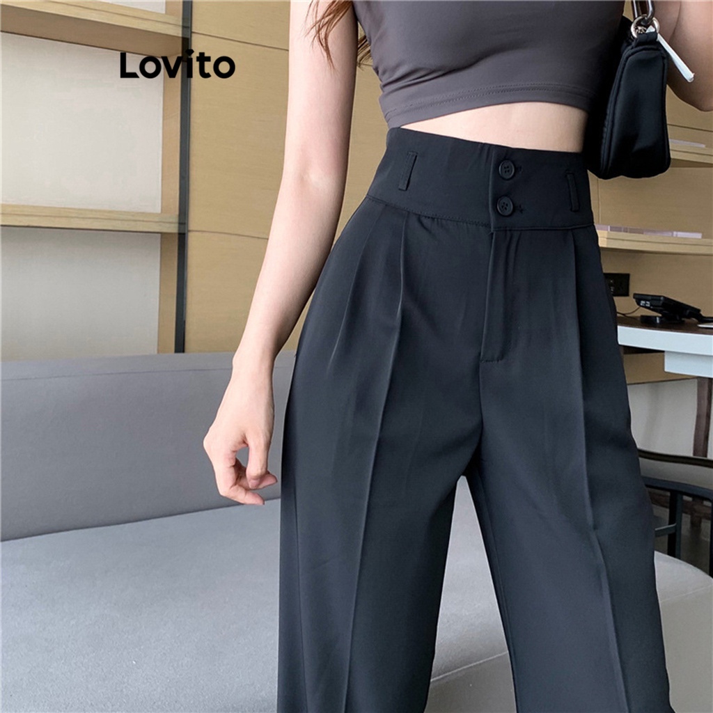 Lovito Calça Simples com Bolsos e Botões para Mulheres LNA16198 (Preta)