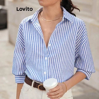Lovito Blusa De Botão Listrada Casual Com Blusa De Algodão Para Mulheres L59ED052 (Branco Azulado)