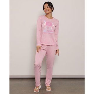 Pijama Feminino Manga Longa Com Estampa Rosa