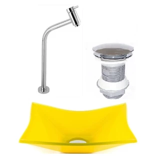 CUBA DE VIDRO RETANGULAR 39CM AMARELA + VALVULA CLICK + TORNEIRA