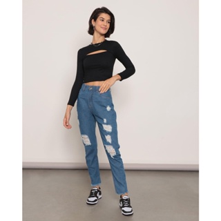 Calça Jeans Feminina Destroyed Reta Barra Desfiada Azul