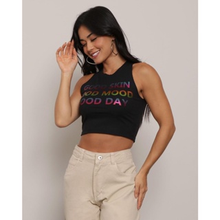 Regata Cropped Feminina Canelada Estampa Preta