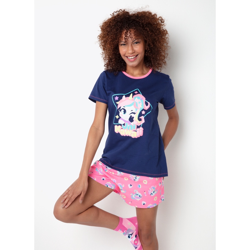 Pijama Manga Curta Algodão Feminino Unicórnio Kawaii - Puket