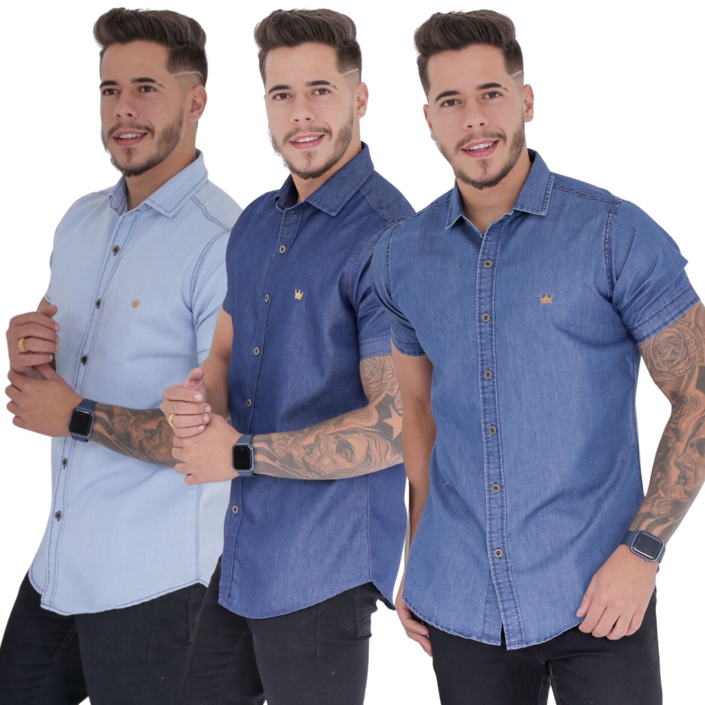 Camisa Jeans Masculina Slim Fit Manga Curta Social Premium