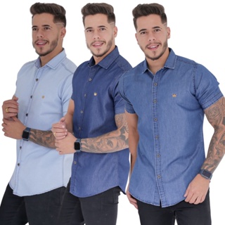 Kit 2 Camisas Jeans Masculinas Slim Fit Manga Longa - Azul Escuro