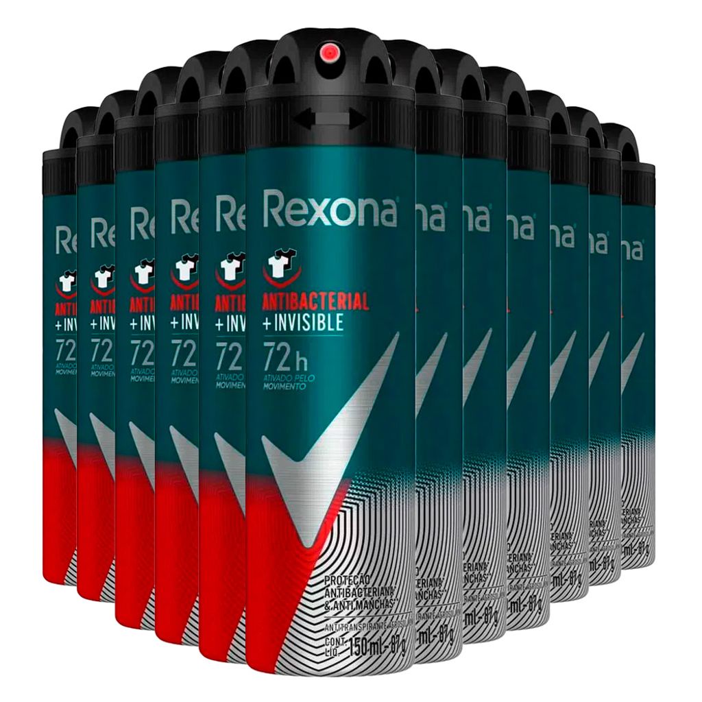 Kit Desodorante Aerosol Rexona Antibacterial+Invisible Men 150ml - 12 Unidades