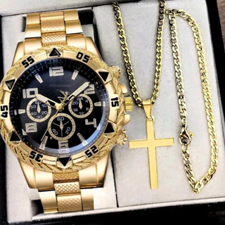 Kit Relógio Masculino Aço Inox Resistente a Água Com Corrente Cruz e Pulseira Presente Dia Dos Pais — foto 4 — Achou Levou Brasil