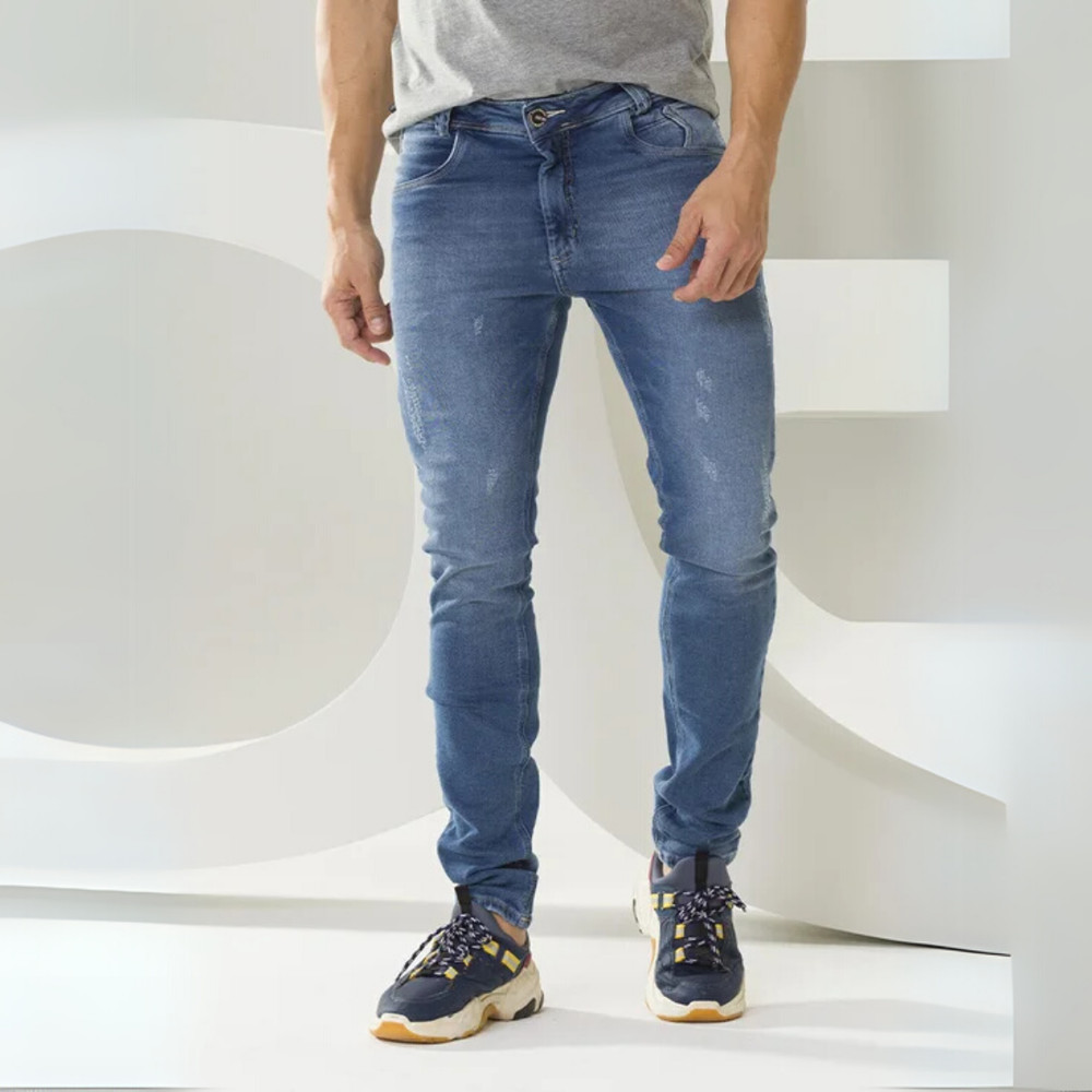 Calça Masculina Jeans Slim Destroyed Cintura Média Lycra Botão