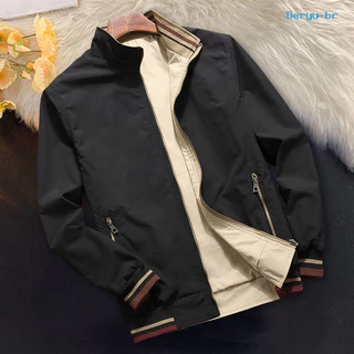 Jaqueta Masculina Com Punhos Elásticos, Gola Alta, Manga Comprida, Patchwork, Cor Reversível, Casaco Bolsos