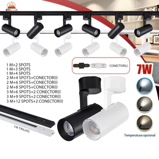 Kit Trilho Spots LED 7W para trilho eletrificado Interno Econômico Luz Ambiente ou Comercial Bivolt 