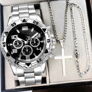 Kit Relógio Masculino Aço Inox Resistente a Água Com Corrente Cruz e Pulseira Presente Dia Dos Pais — foto 2 — Achou Levou Brasil