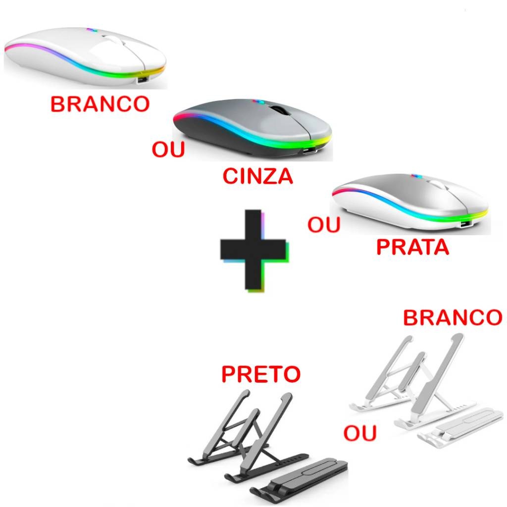 Kit Mouse Sem Fio Recarregável mais Suporte Notebook Tablet Regulável ...