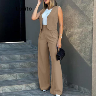 Lovito Conjunto feminino casual com botão liso e bolso frontal Calças LNL51150