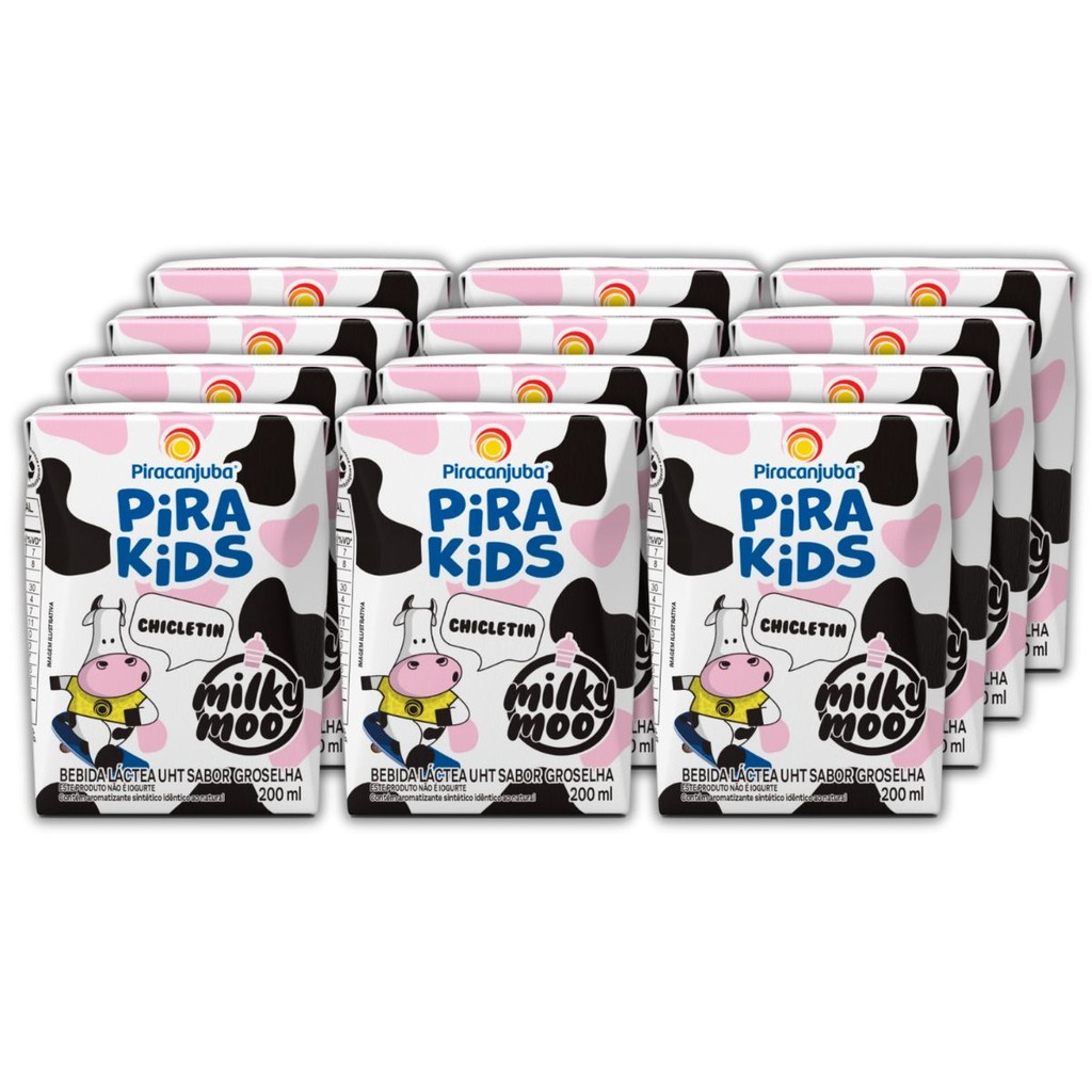 Pack 12un Pirakids Milky Moo Chicletin Piracanjuba Sabor Groselha