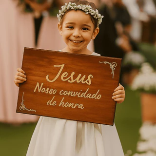 Plaquinha Casamento “Jesus Nosso Convidado” | Lá Vem a Noiva – Daminha ou Pajem