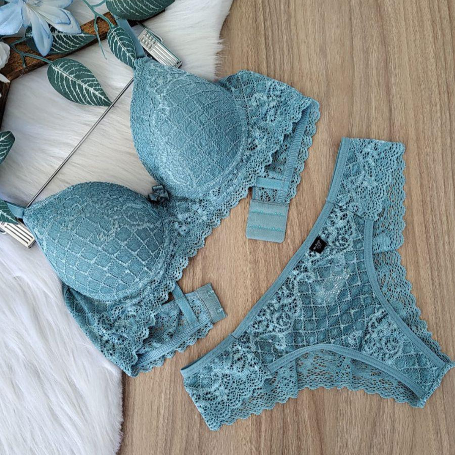 Conjunto Sutiã e Calcinha Com Bojo Rendado Sexy Confortável Dia a Dia ...