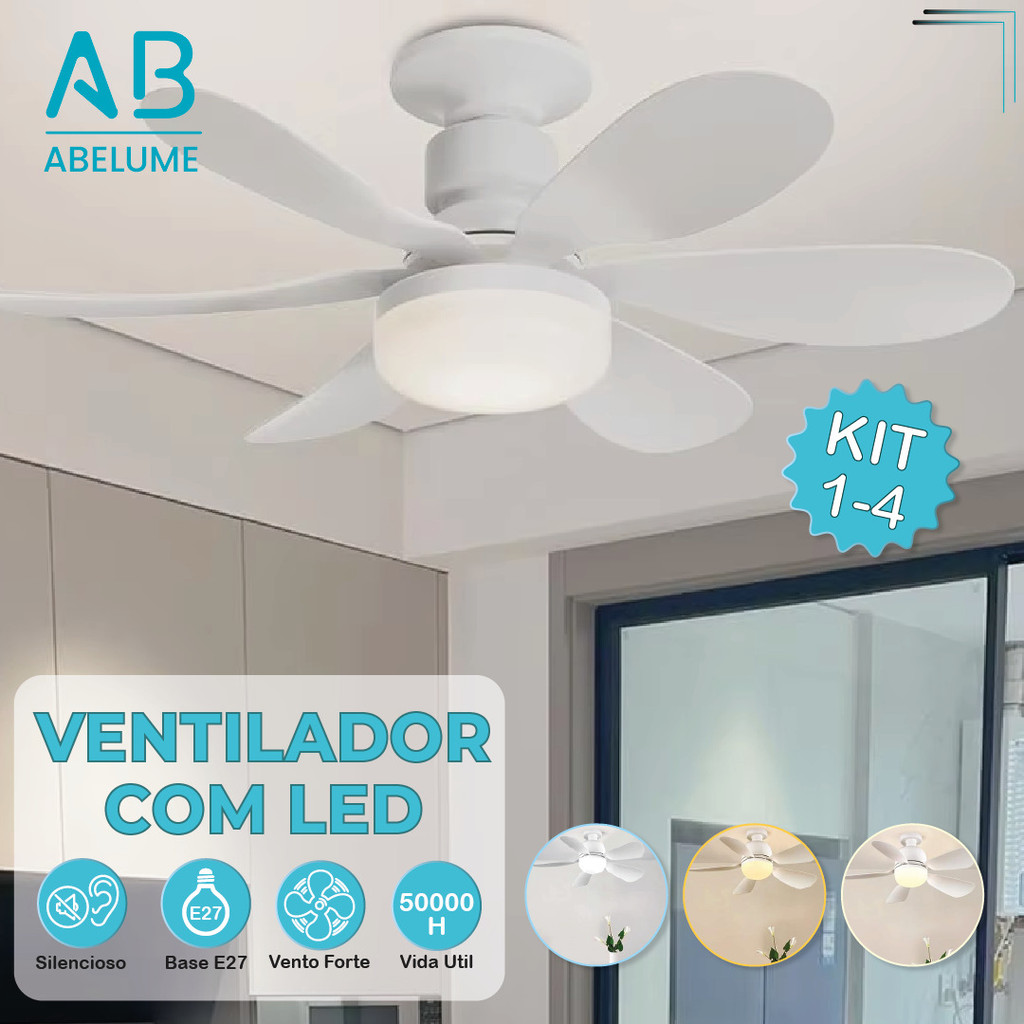 Ventilador de Teto PRO 80W ou 60W Super LED Lâmpada E27 Controle Remoto Luminária Economica de Energia 6 lâminas Bivolt