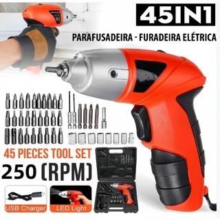 KIT Parafusadeira/Furadeira Elétrica Sem Fio 250 rpm 110V/220V com Kit Maleta com 45 Peças