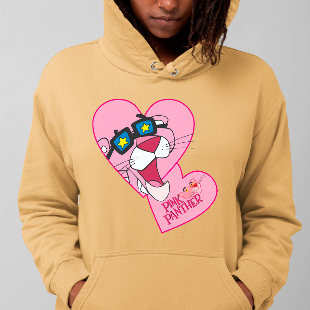Casaco Moletom Feminino Estampa Coração A Pantera Cor De Rosa Gorro E Bolsos Confortável