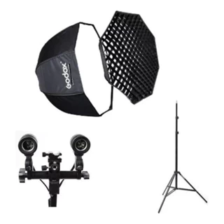 Kit Softbox Godox 80cm C/ Grid + Tripé + Sup Lâmpada Duplo