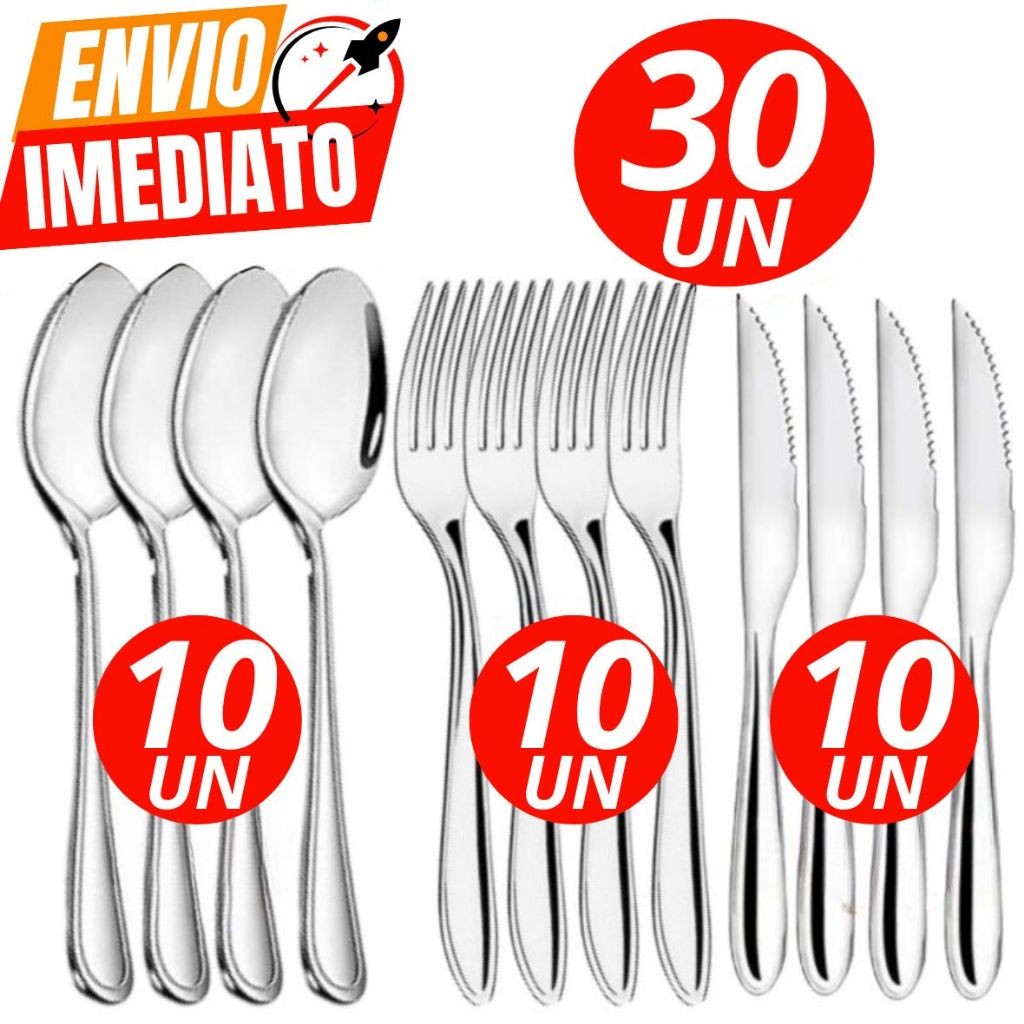 Kit De 30 Peças Talheres 100% Inox 10 Garfo 10 Faca 10 Colher Premium ...