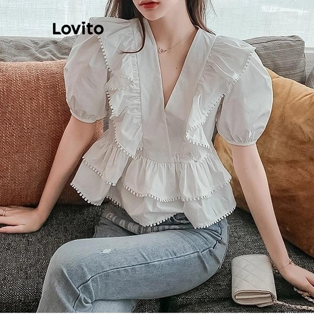 Lovito Blusa Casual Simples Com Babados E Trança Para Mulheres LNE65274 | Brasil