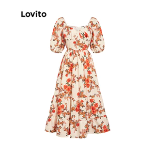 Lovito Elegante Floral Querida Ruffle Frill A Linha Maxi Vestido para Mulheres L45LD047 (Amarelo Claro)