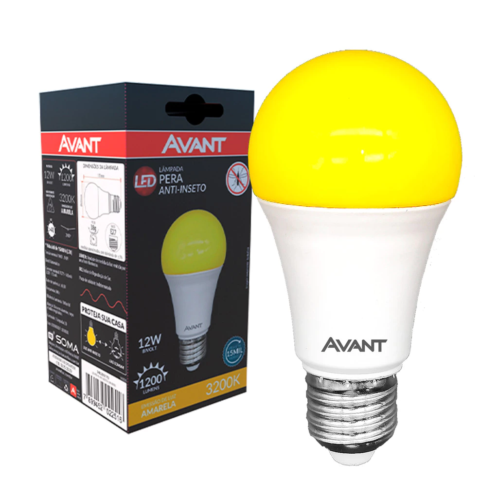 Lampada Led Pera Anti Inseto 12w 3200K Amarelo E27 110v/220v Ip20 Branco Leitoso Cod: 343205173 Avant