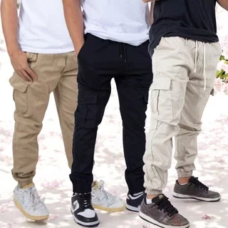 KIT 2 Jogger Cargo Calça Masculina com Elástico Sarja e Bolso Lateral