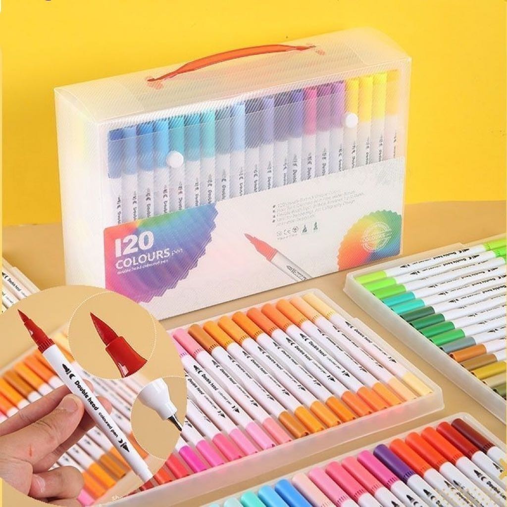 Kit 60/80/100/120 Cores Caneta 2 em 1 Brush Lettering e Ponta Fina Dual Pen Canetinha Colorir Desenho