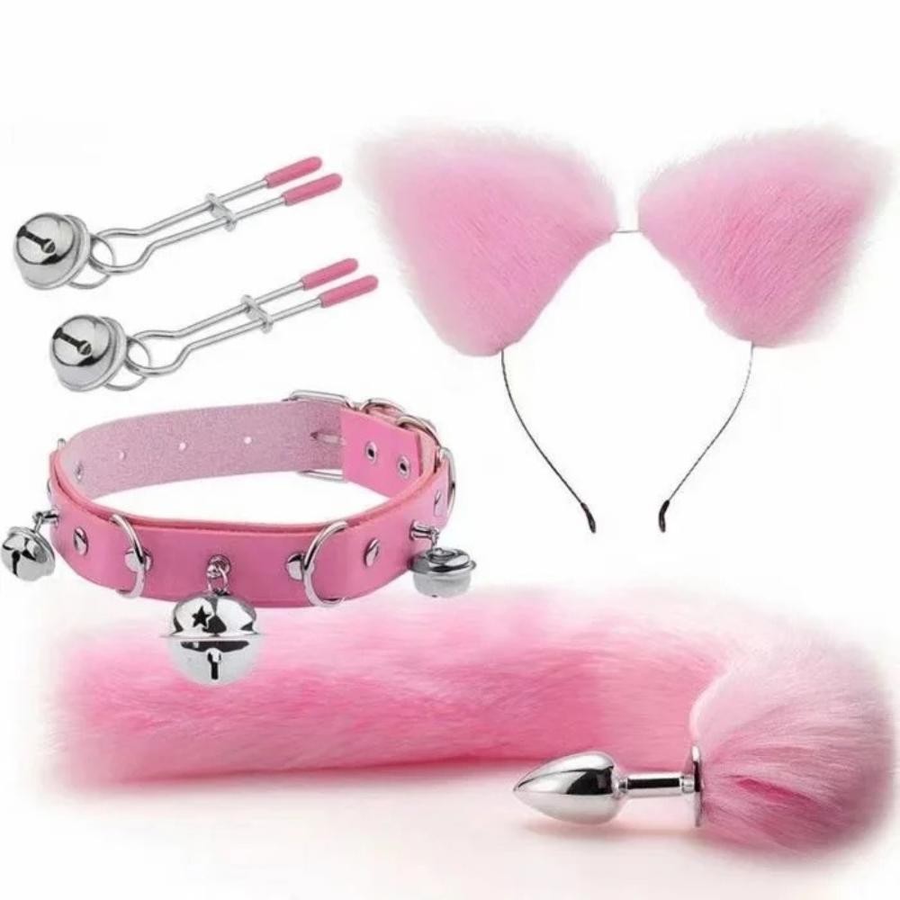 Kit Fantasia Plug Anal Com Rabo Coleira Tiara Grampo Mamilo Raposa Rosa
