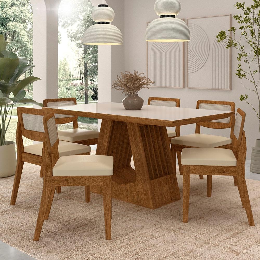 Mesa Santiago Com 6 Cadeiras Sextavada Freijó/off/corino Bege - M.a