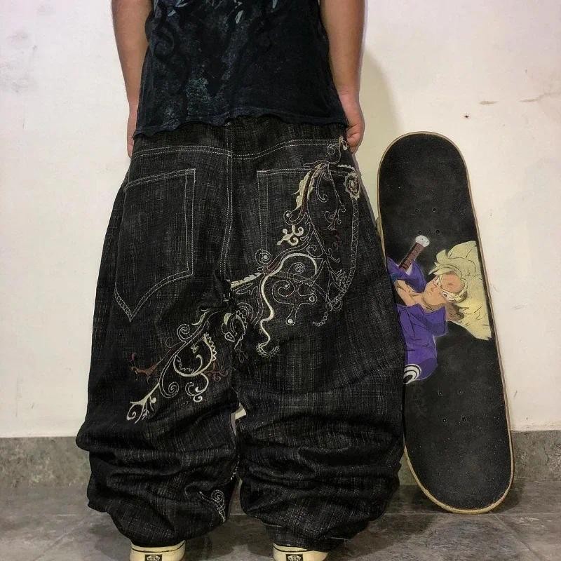 Harajuku Rua Hip Hop Vintage Casual Bordado Jeans Baggy Preto Calças Retas Femininas