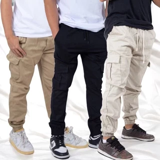 KIT 2 Calça Jogger Cargo Masculina com Elástico Sarja e Bolso Lateral